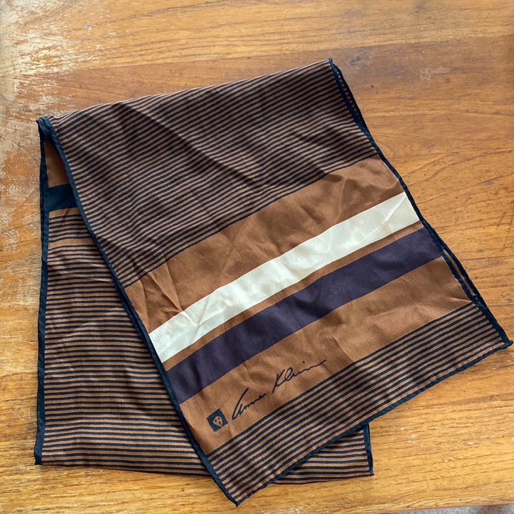 Vintage Anne Klein lion logo black/chocolate brown/cream  52”L x 10”W silk scarf